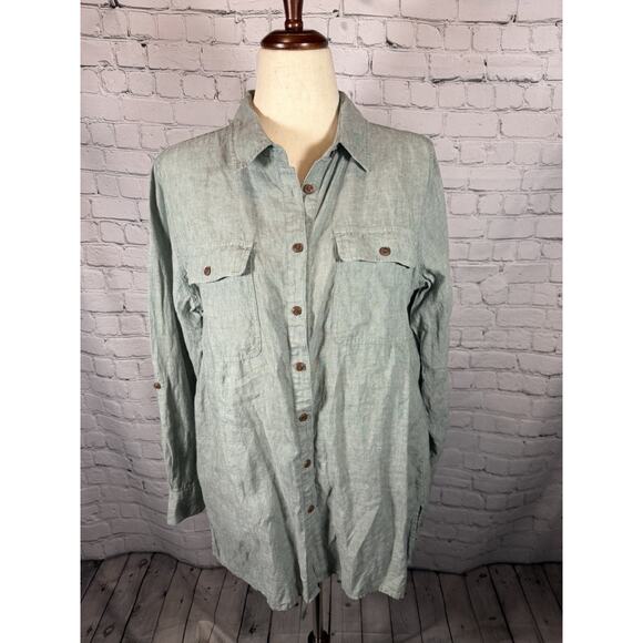 Lands' End Tops - Land’s End Size Large Green Linen Long Sleeve Button Down Shirt Roll Tab